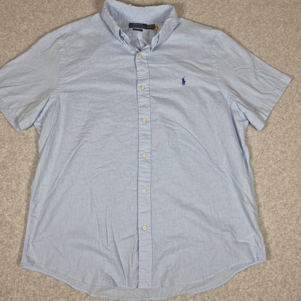 Polo Ralph Lauren Button Down Shirt Mens XL Light Blue Linen Blend Short Sleeve